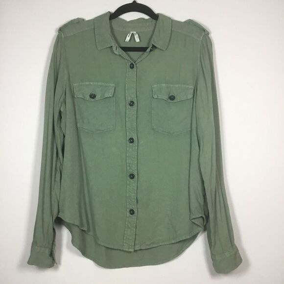 Army green military style shirt shoulder straps button down utility camping Sz L - Picture 1 of 6